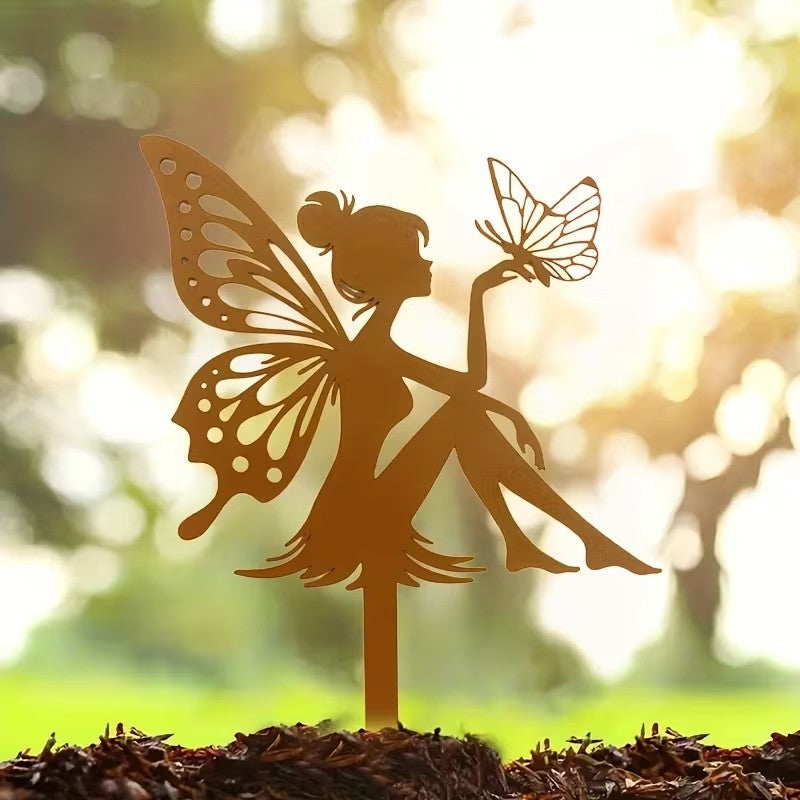 Rusty Patina Metal Fairy with Butterfly on Stake 20cm Tall Garden Pot Decoration