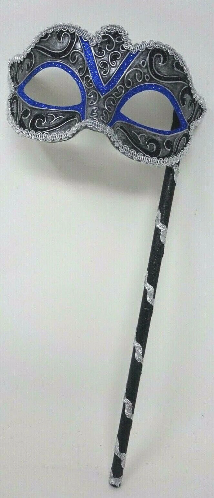 BLACK BLUE & SILVER BRAID VENETIAN MASQUERADE PARTY CARNIVAL BALL MASK HAND HELD