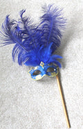 BLUE & GOLD FEATHER HAND HELD MASK & STICK VENETIAN CARNIVAL MASQUERADE PARTY