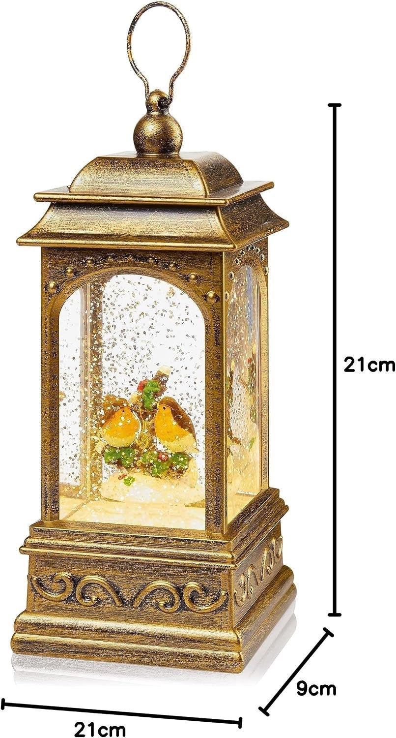 Christmas Festive Winter Robins LED Metal Water Lantern with Glitter Snow 21cm