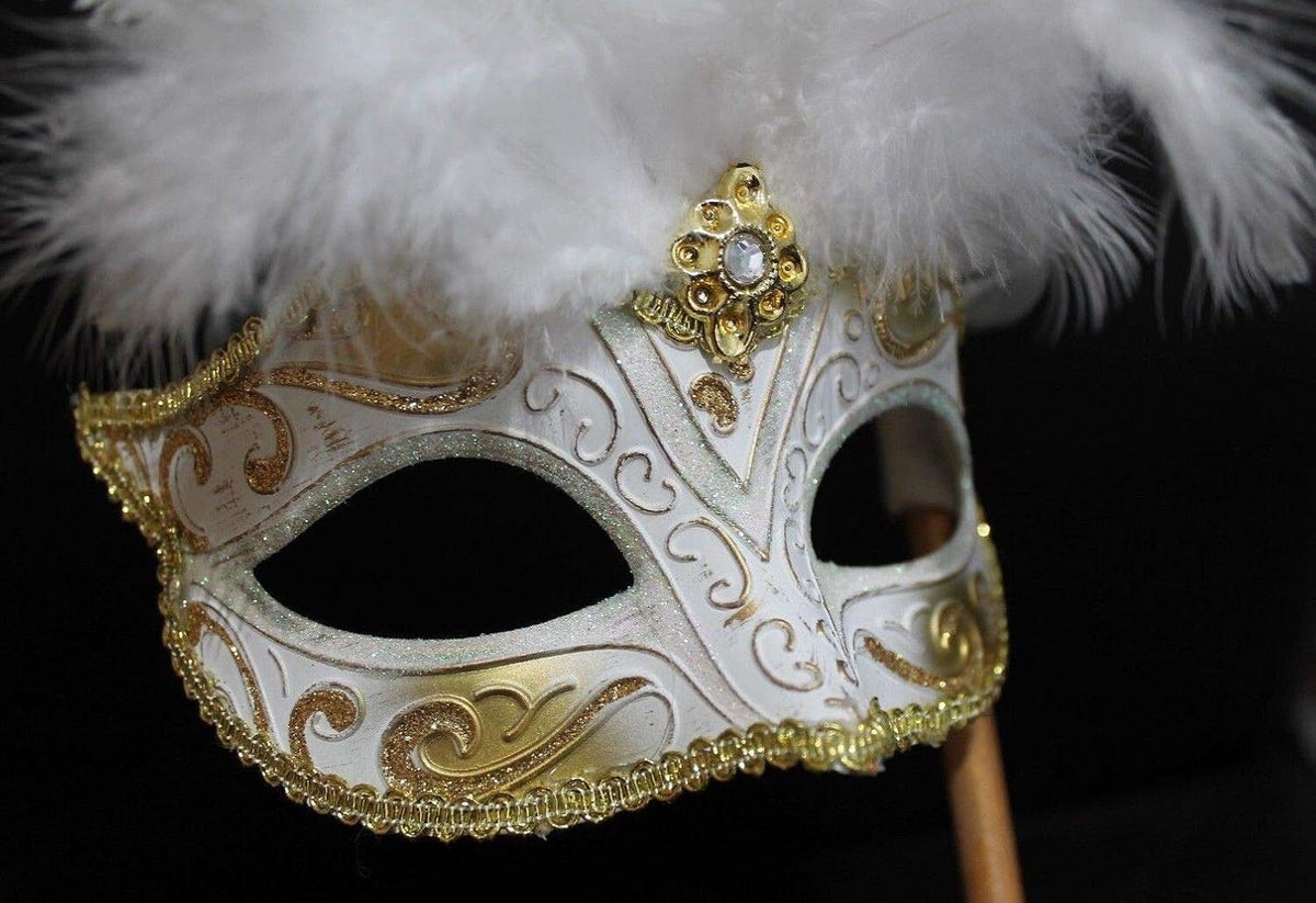 WHITE & GOLD VENETIAN MASQUERADE PARTY CARNIVAL BALL EYE FEATHER MASK HAND HELD