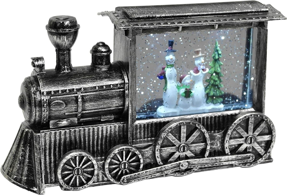 Large Water Train Rustic Silver Locomotive LED Light Up 29cm Long 3 Snowman