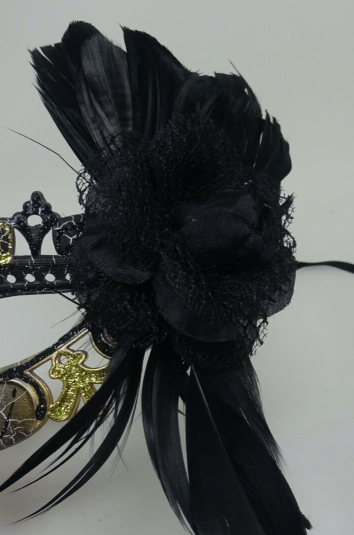 GOLD & BLACK RIALTO VENETIAN MASQUERADE PARTY CARNIVAL BALL EYE MASK WITH FLOWER
