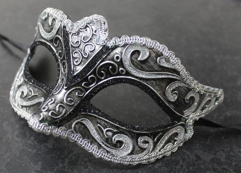 SPARKLING BLACK & SILVER BRAID VENETIAN MASQUERADE PARTY CARNIVAL BALL EYE MASK