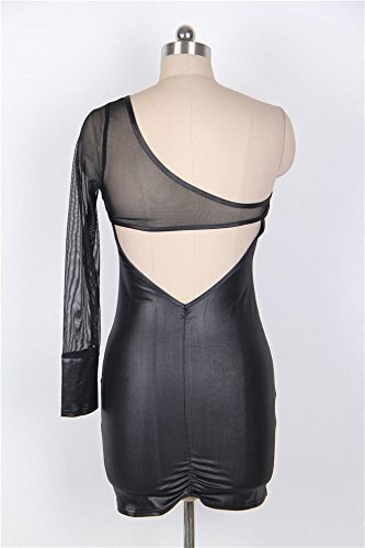 Stylish Sexy Black Faux Leather & Sheer Short Dress Single Sleeve Bodycon 8-10