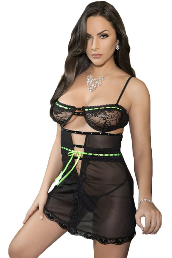 Womens Sexy Sheer Mesh & Lace Black Lime Green Teddy Babydoll & Thong Size 8-10