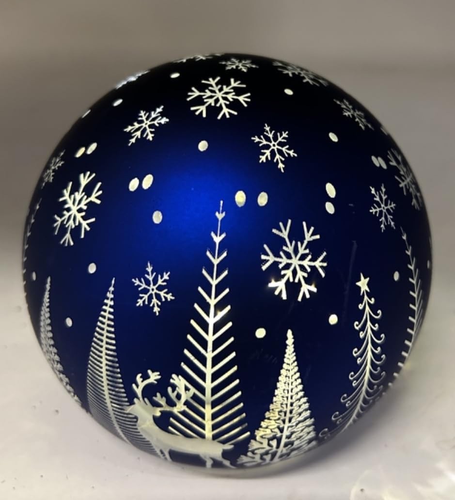 LED Light Up Christmas Winter Forest & Reindeer Decoration Sapphire Blue Glass