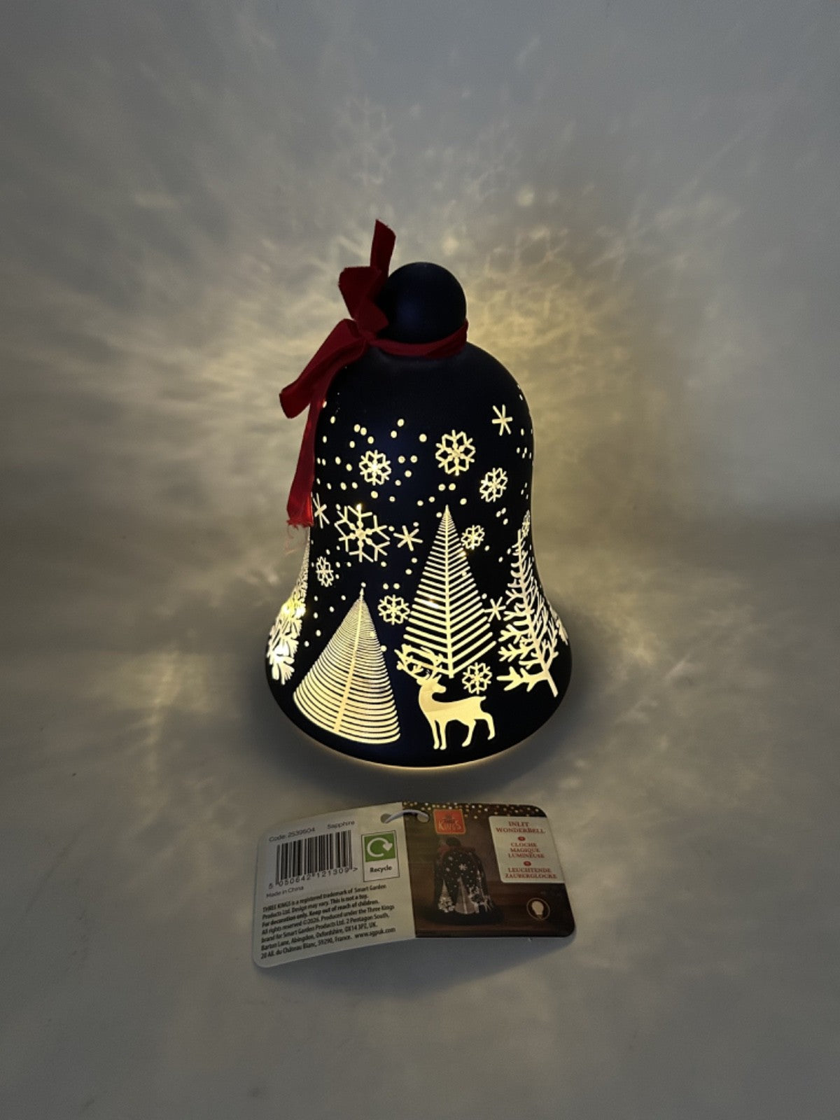 LED Light Up Christmas Winter Forest Snowflake Reindeer Bell Sapphire Blue Glass