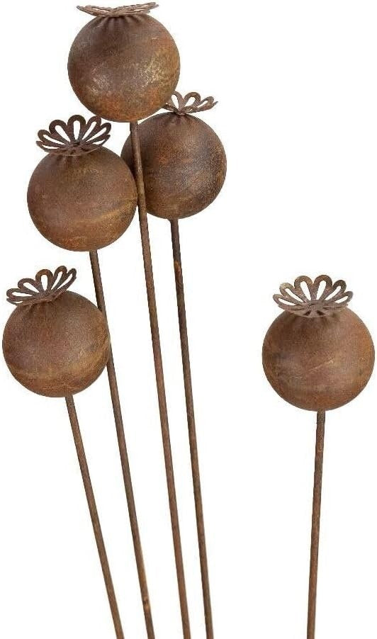 Core-Ten Rusty Metal 5 Poppy Heads on Long Stakes Garden Ornament 110cm High