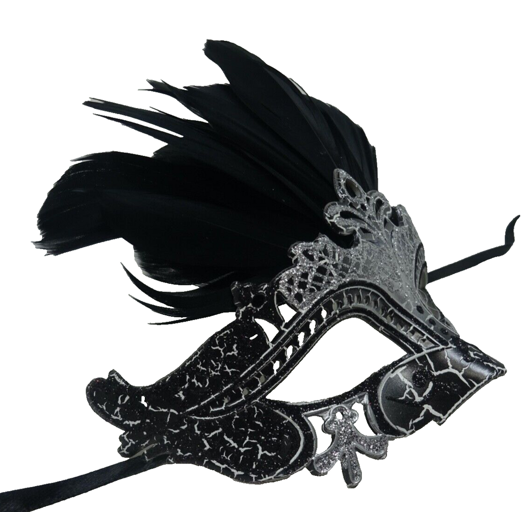 LADIES SILVER & BLACK VENETIAN CARNIVAL MASQUERADE PARTY EYE BALL FEATHER MASK
