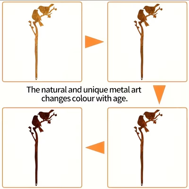 Rusty Patina Metal Two Birds Silhouette Stake 30cm Tall Garden Lawn Decoration