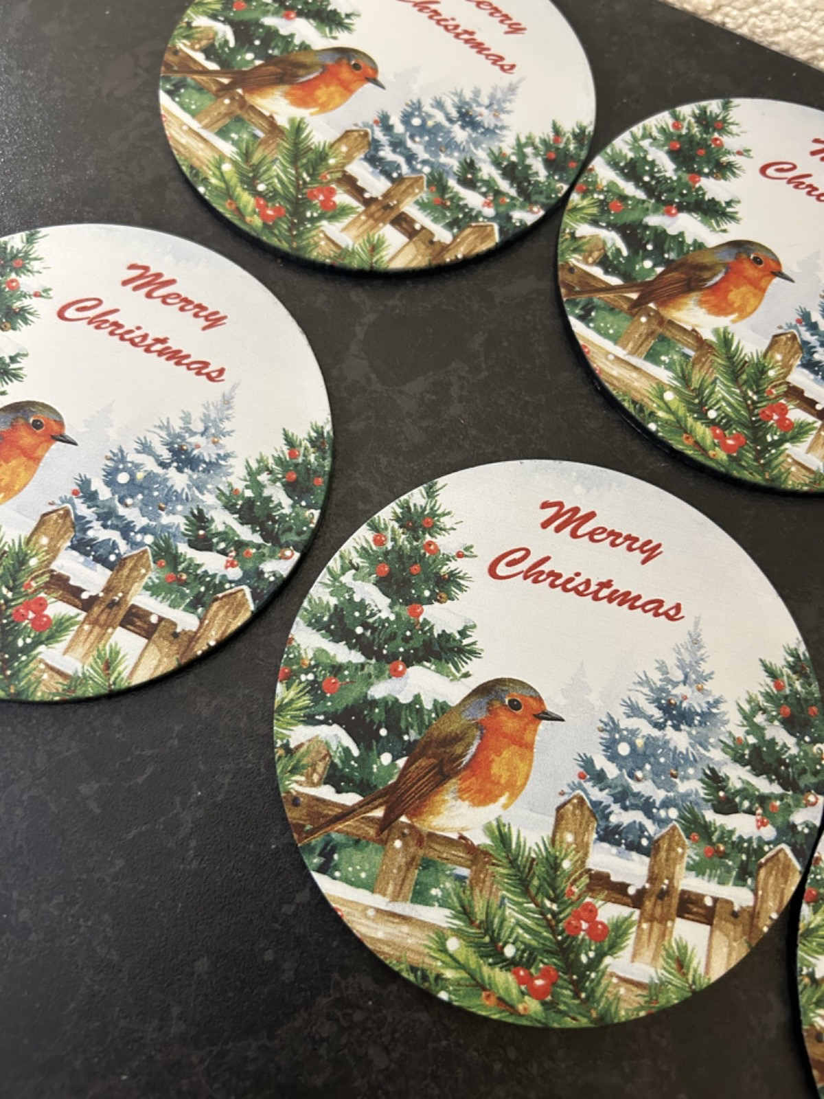 Merry Christmas Festive Set of 6 Robin Melamine Coasters in Red Holder 11cm  Dia