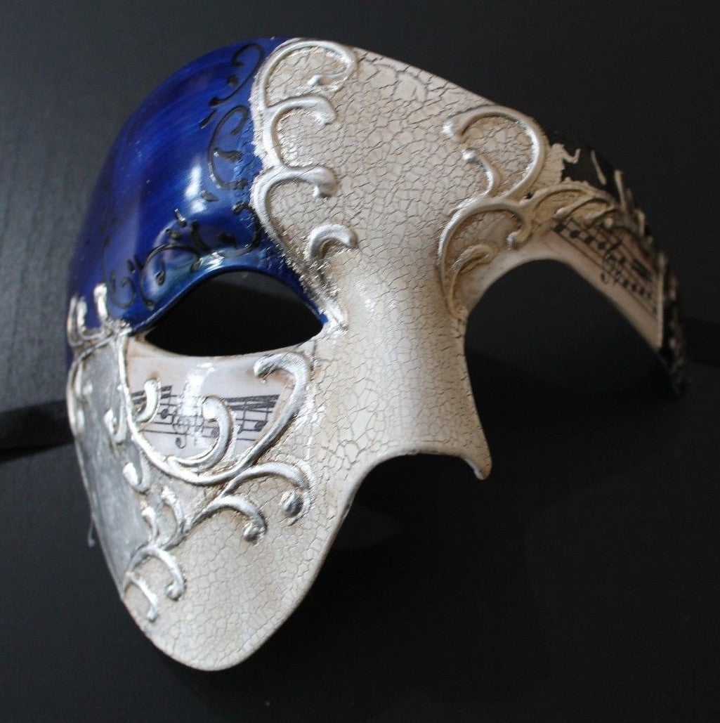QUALITY BLUE & SILVER HALF FACE PHANTOM MUSICAL NOTES MASQUERADE MASK