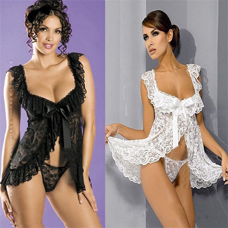 Ladies Black or White Sexy Lingerie Lace Babydoll Teddy & Thong Size 8-12