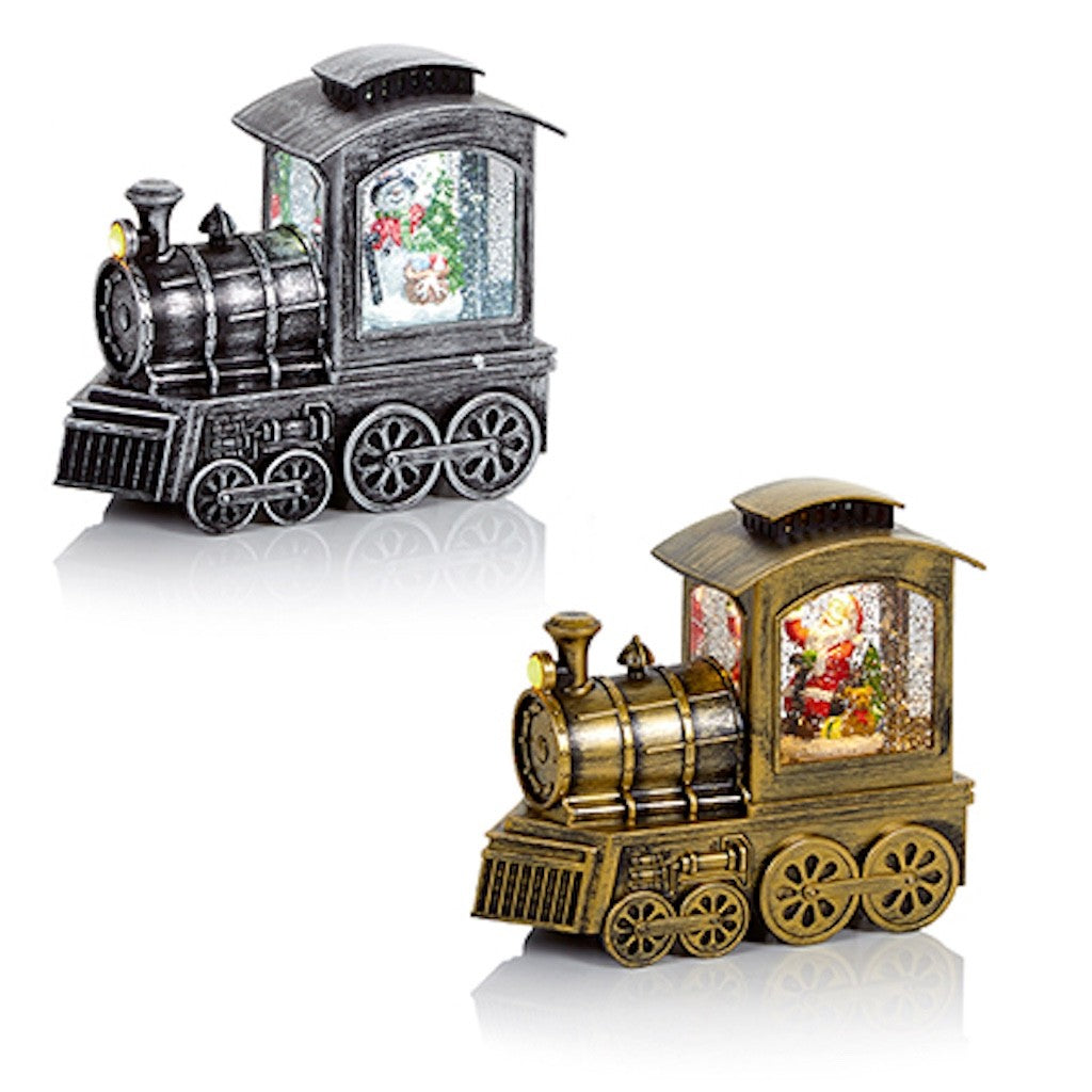 Christmas LED Light Rustic Water Spinner Train Lantern Gold Santa Silver Snowman