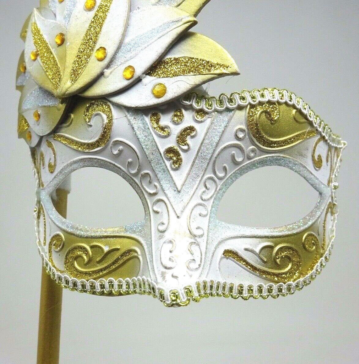 GOLD & WHITE VENETIAN MASQUERADE CARNIVAL BALL EYE PARTY MASK HAND HELD STICK