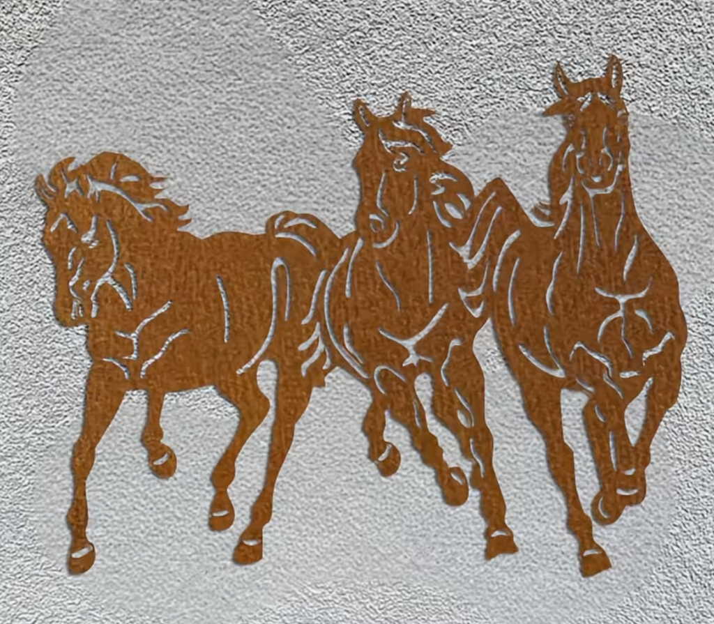 Core-Ten Rusty Metal Horses Pony Garden Ornament Wall Plaque Approx 40cm x 32cm