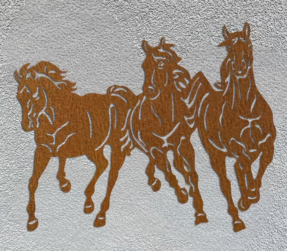 Core-Ten Rusty Metal Horses Pony Garden Ornament Wall Plaque Approx 40cm x 32cm