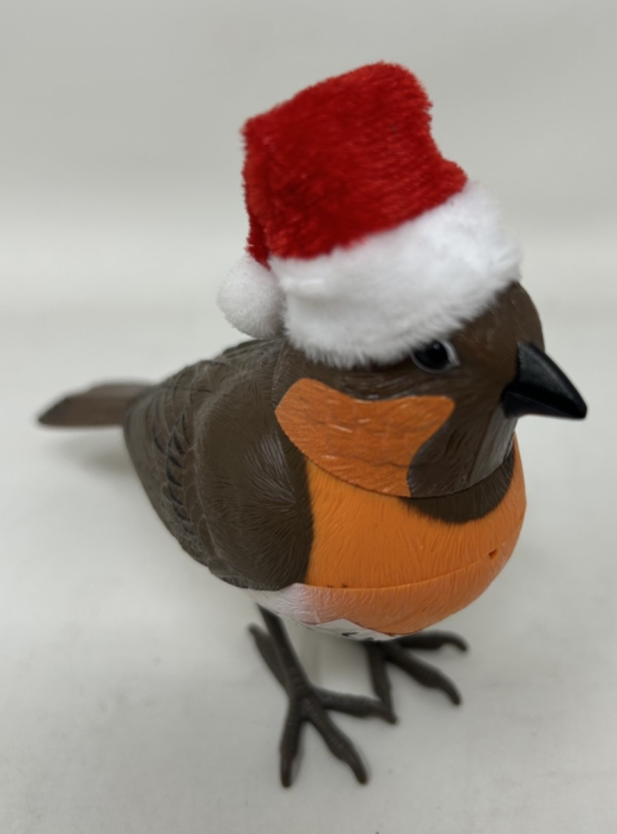 Christmas Singing Robin with Hat Decoration Beak Neck & Body Move and it Sings