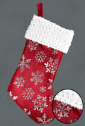 Large Red White Velvet & Fur Snowflake Christmas Stocking Silver Glitter 43x24cm