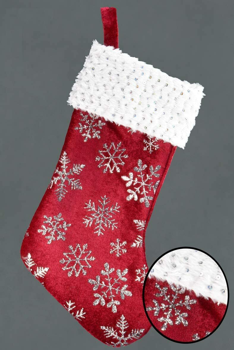 Large Red White Velvet & Fur Snowflake Christmas Stocking Silver Glitter 43x24cm