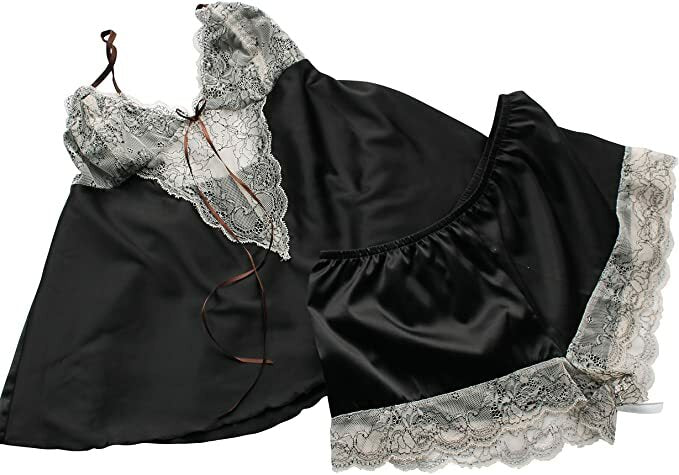 Luxury Camisole Set Black Satin & Lace Size 8-10 Cami Top Shorts French Knickers