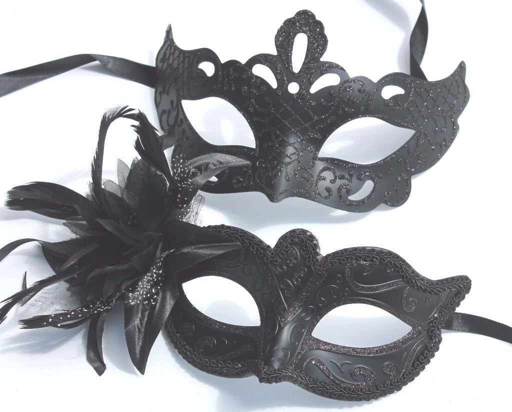 HIS N HERS PAIR COUPLES CO-ORDINATED BLACK VENETIAN MASQUERADE PARTY EYE MASKS
