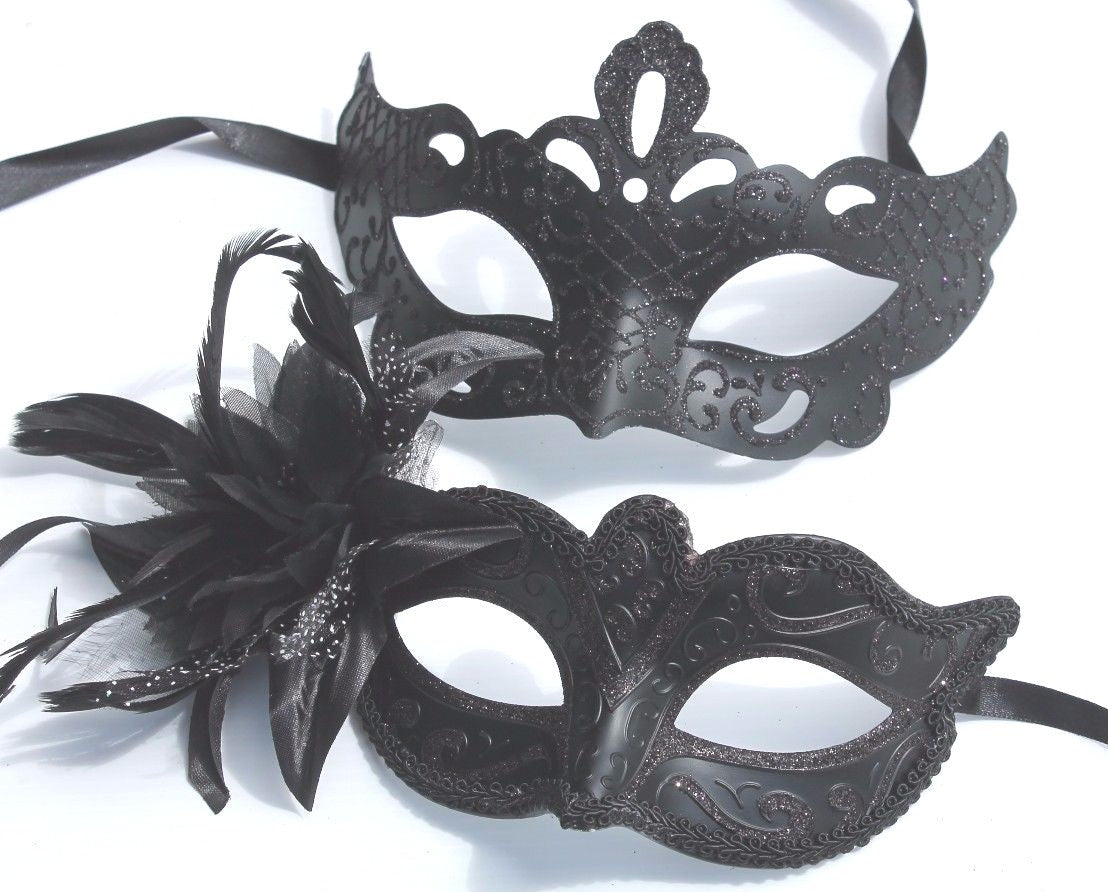HIS N HERS PAIR COUPLES CO-ORDINATED BLACK VENETIAN MASQUERADE PARTY EYE MASKS