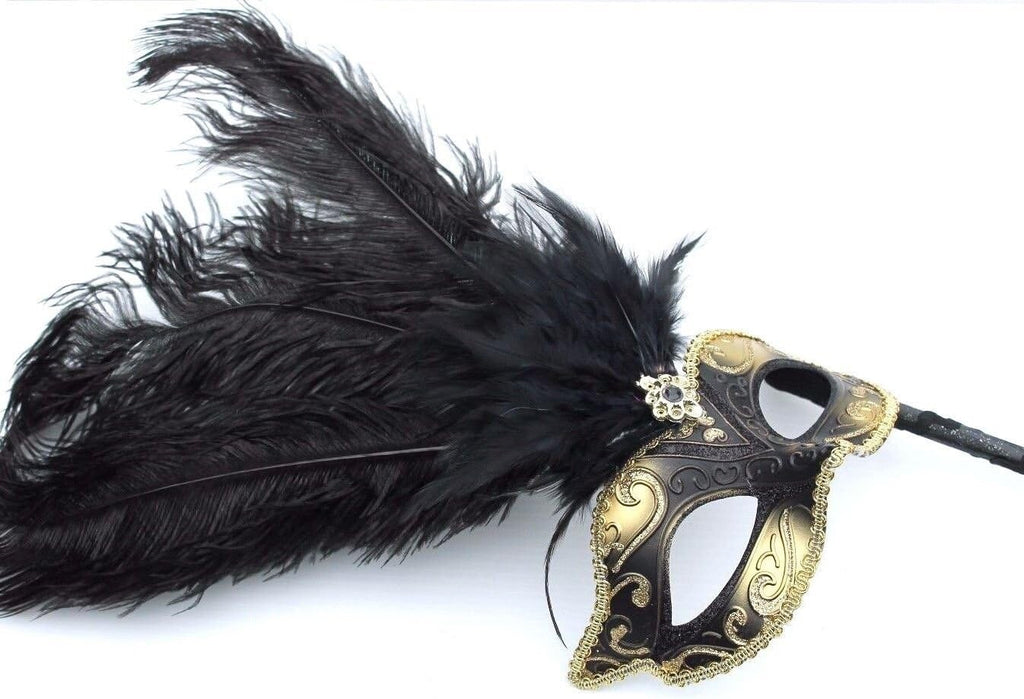 Black & Gold Feather Venetian Masquerade Carnival Party Ball Eye Mask On Stick