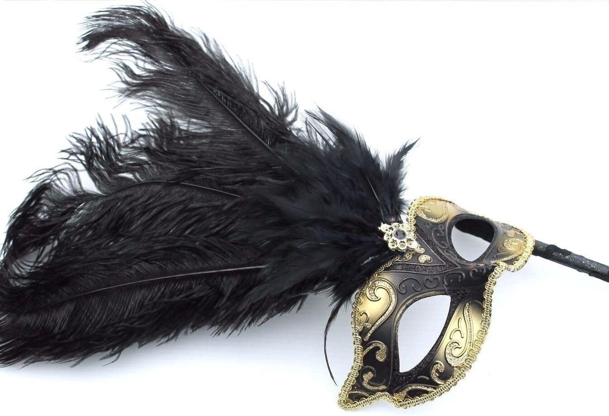 Black & Gold Feather Venetian Masquerade Carnival Party Ball Eye Mask On Stick