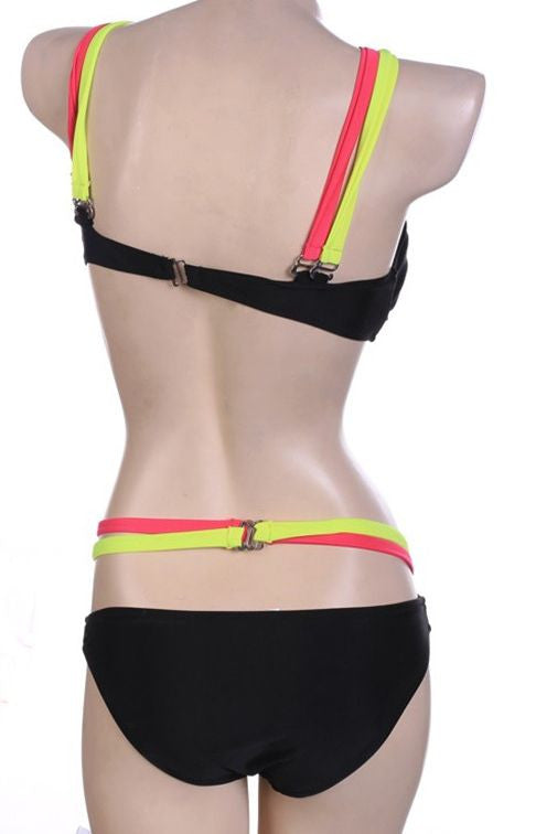 Stylish Ladies 2 Pce Padded Push Up Black Pink & Yellow Bikini Swimsuit Size 12