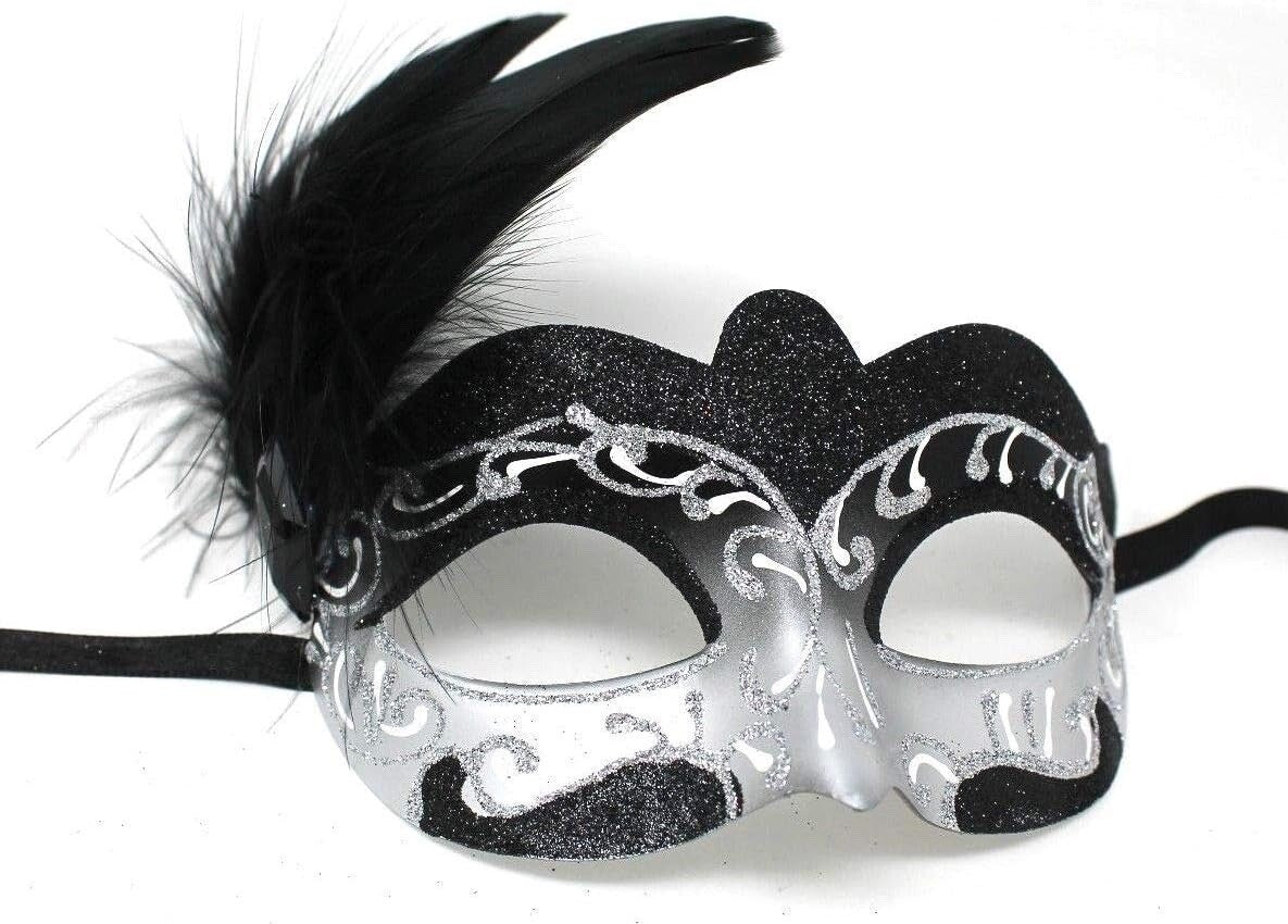 SPARKLING SILVER & BLACK VENETIAN CARNIVAL MASQUERADE PARTY BALL FEATHER MASK