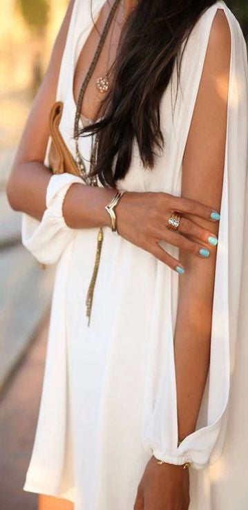 Ladies Stylish Ivory Chiffon Layered Dress Slit Sleeves Cover Up One Size 10-14
