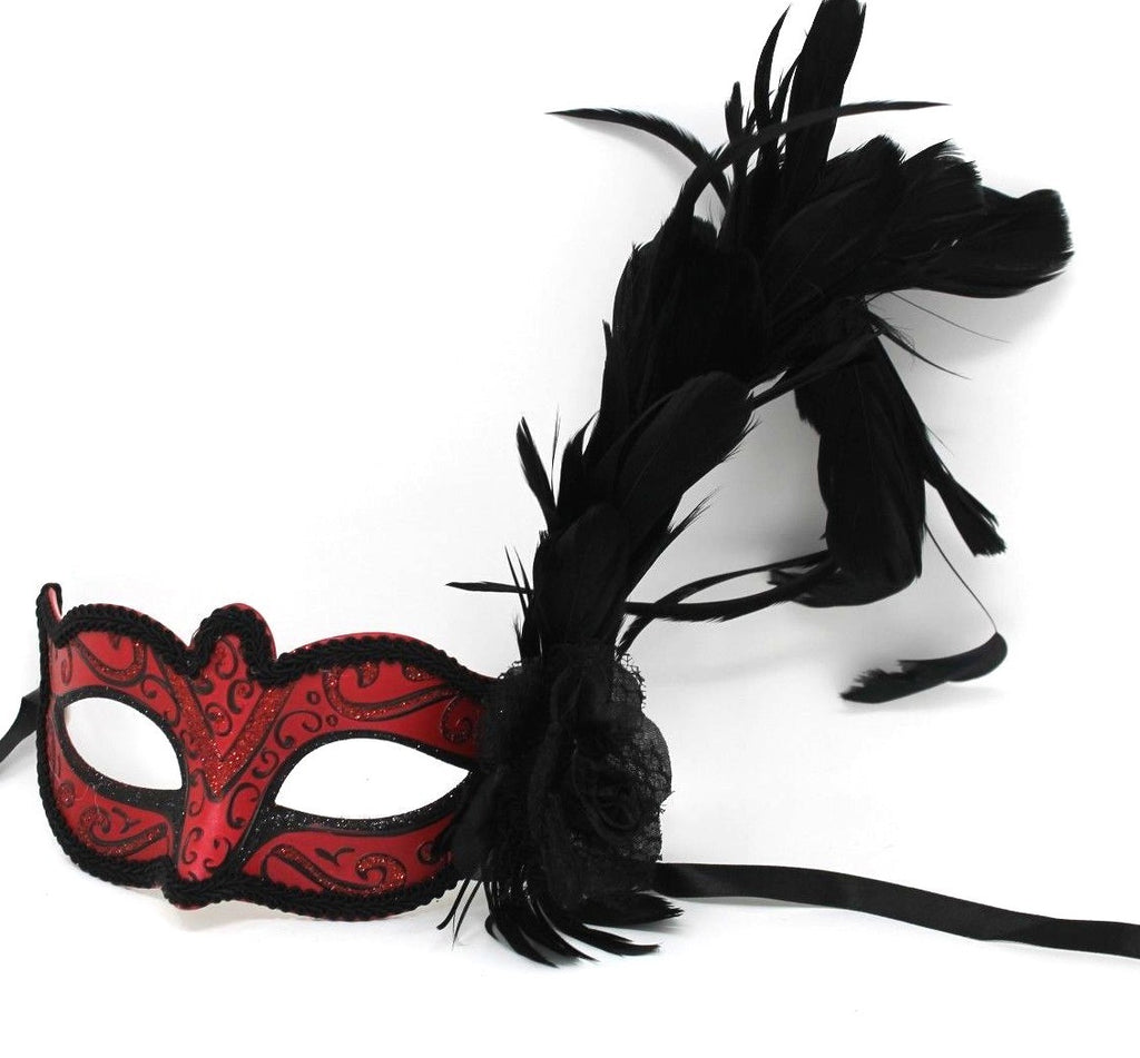 RED BLACK FLOWER BENDY FEATHERS VENETIAN CARNIVAL MASQUERADE PARTY EYE MASK