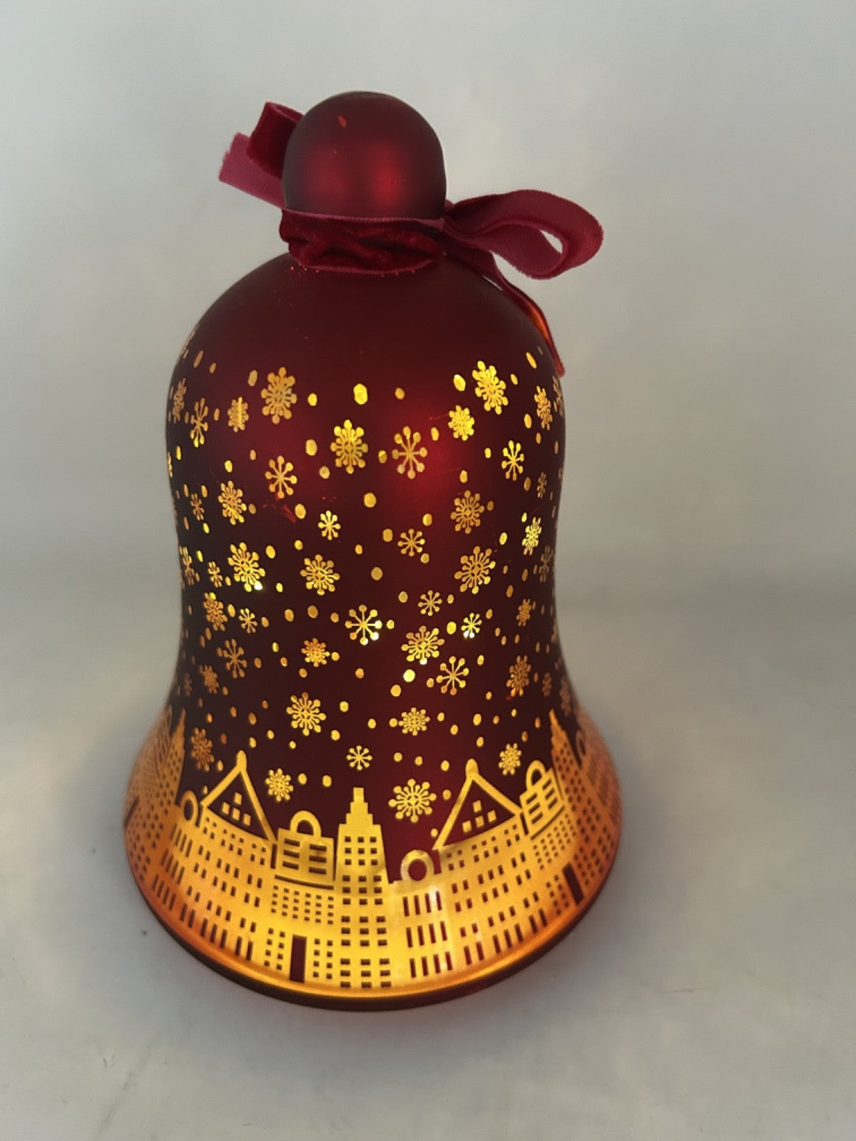 LED Light Up Christmas City Buildings & Snowflake Bell Ruby Red Glass 18cm Tall
