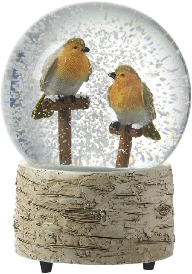Musical Christmas Two Robins Snow Globe Bark Effect Base 14cm Tall Wind Up