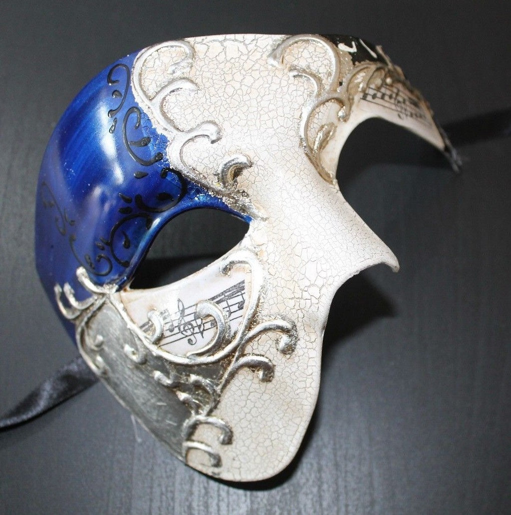 QUALITY BLUE & SILVER HALF FACE PHANTOM MUSICAL NOTES MASQUERADE MASK