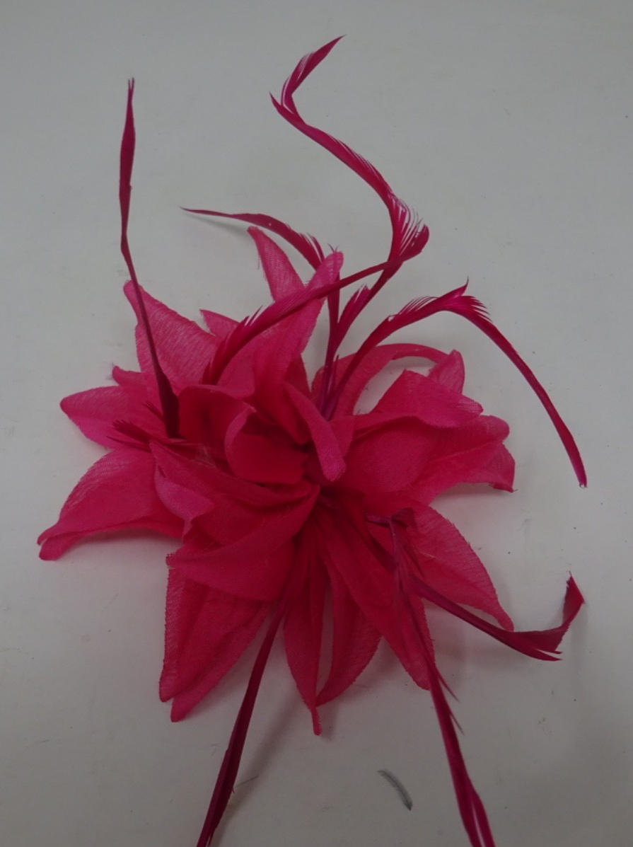 Hot Pink Corsage Brooch Fascinator Fabric Petals with Long Slim Fine Feathers