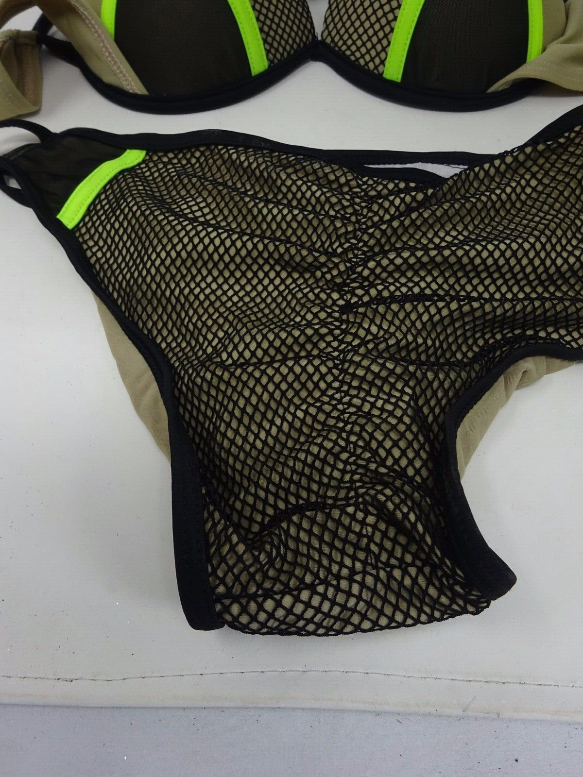 Ladies Stylish 2 Piece Black Brown & Lime Green Padded Bikini Swimsuit Size 10