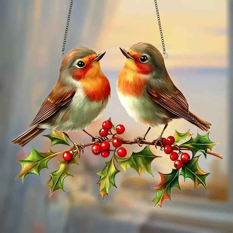 Hanging Acrylic Garden Suncatcher Robins Holly with Berries 20cm Wide on Chain