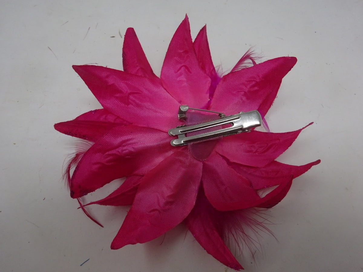 Hot Pink Corsage Brooch Fascinator Fabric Petals with Fine Feathers & Stamens