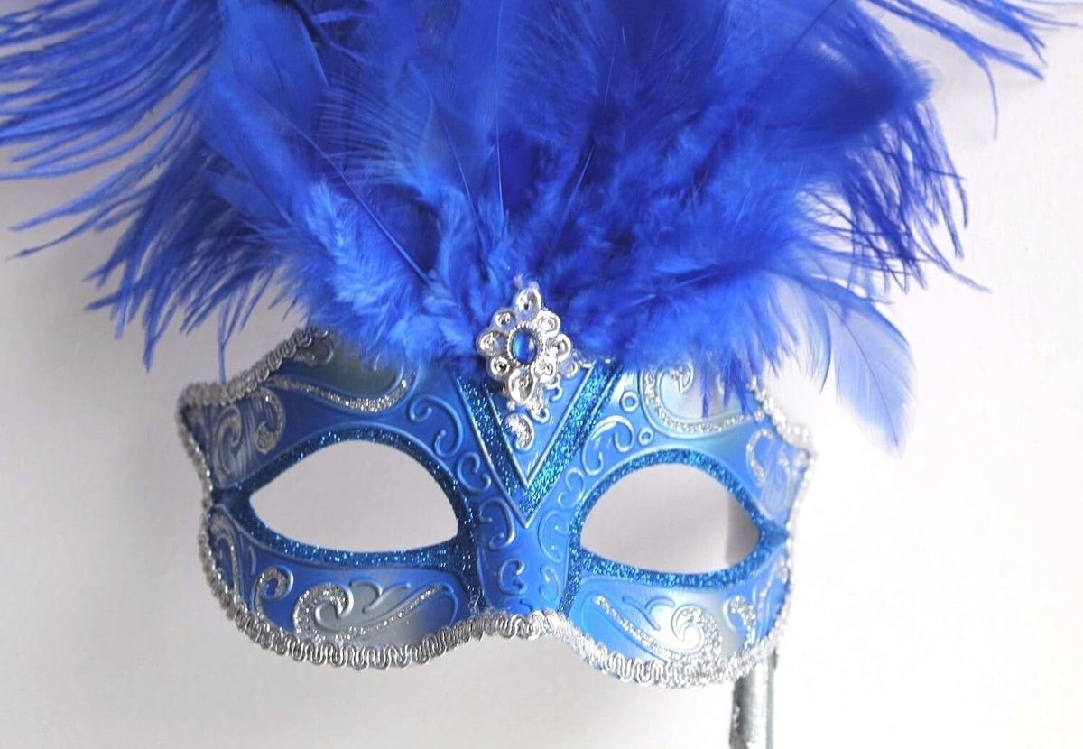 BLUE SILVER VENETIAN MASQUERADE BALL CARNIVAL PARTY FEATHER MASK HAND HELD STICK