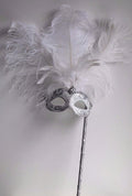 WHITE SILVER VENETIAN MASQUERADE PARTY CARNIVAL BALL EYE FEATHER MASK HAND HELD