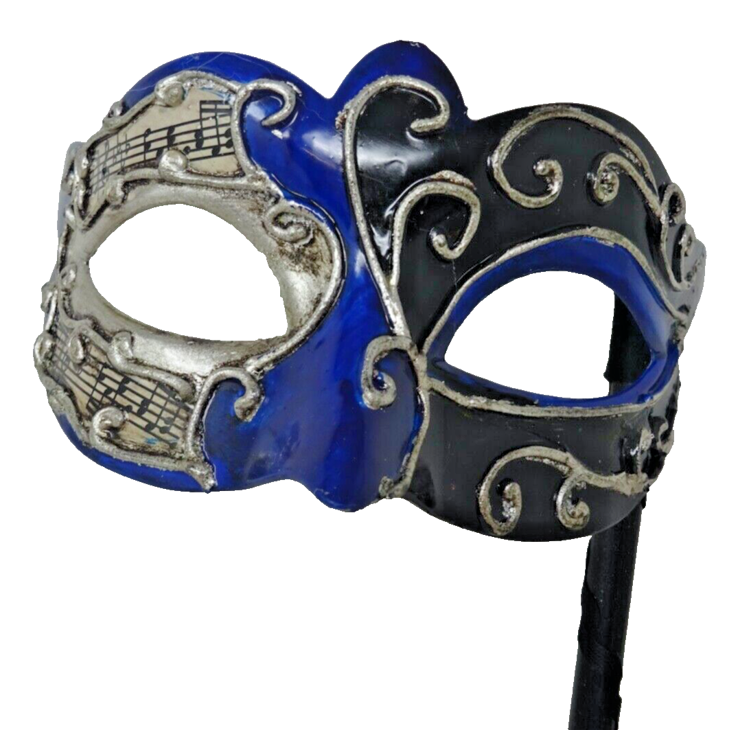 BLUE & SILVER MUSICAL VENETIAN MASQUERADE PARTY CARNIVAL BALL ON HAND HELD STICK