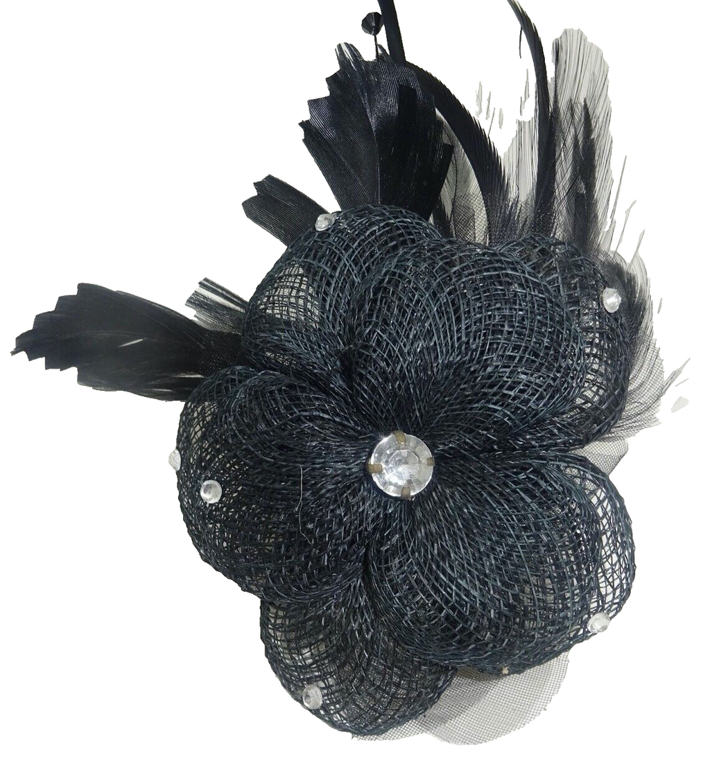 Hair Fascinator Corsage & Brooch Black Feathers with Hessian Flower Clear Jewels