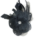 Hair Fascinator Corsage & Brooch Black Feathers with Hessian Flower Clear Jewels