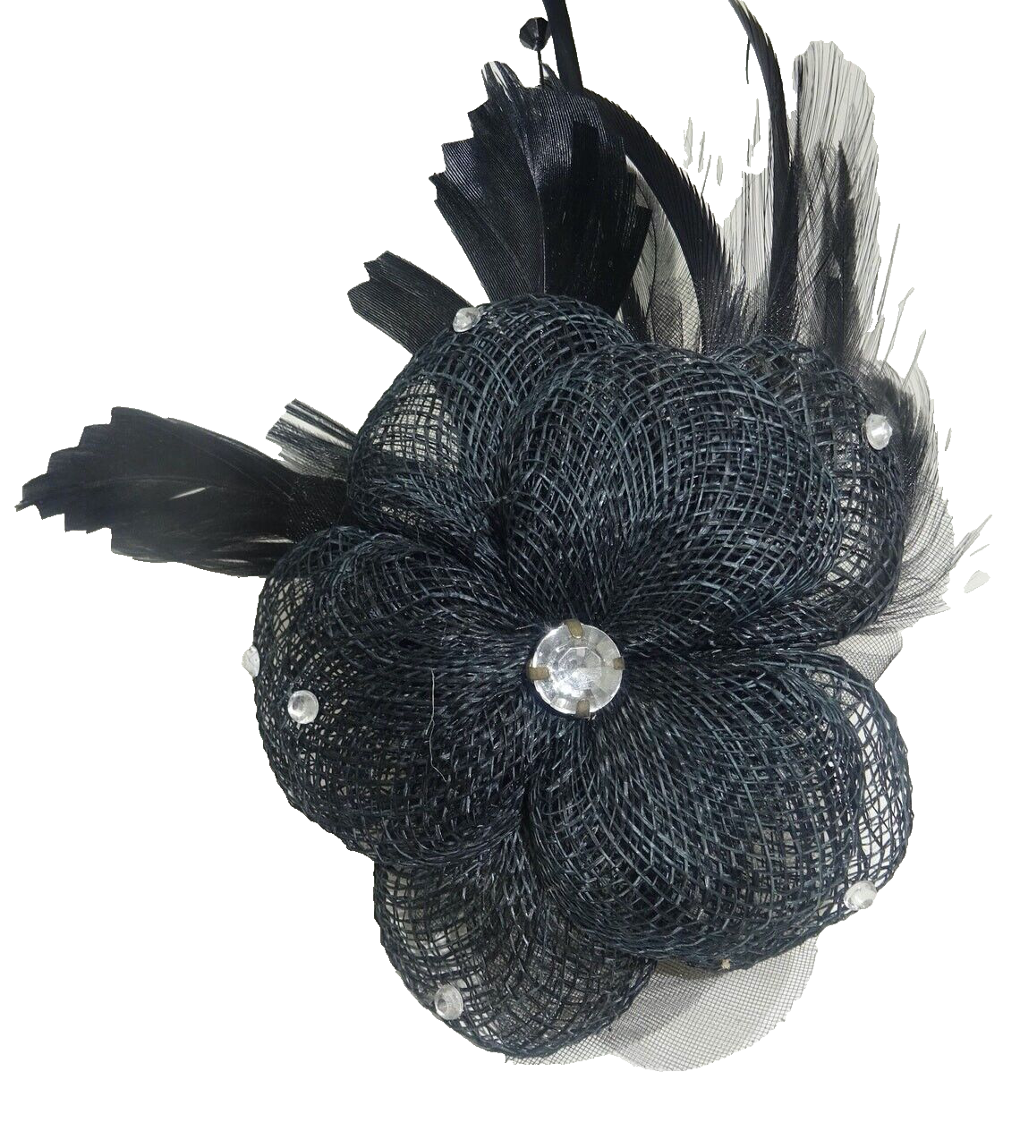 Hair Fascinator Corsage & Brooch Black Feathers with Hessian Flower Clear Jewels