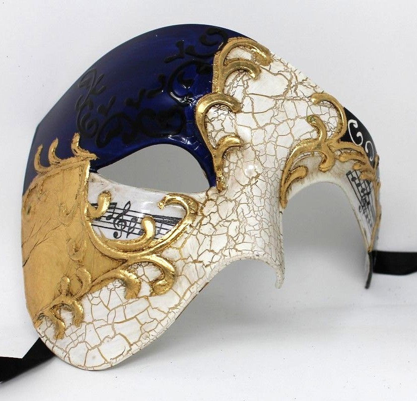 QUALITY BLUE & GOLD HALF FACE PHANTOM   OPERA MUSICAL NOTES MASQUERADE MASK