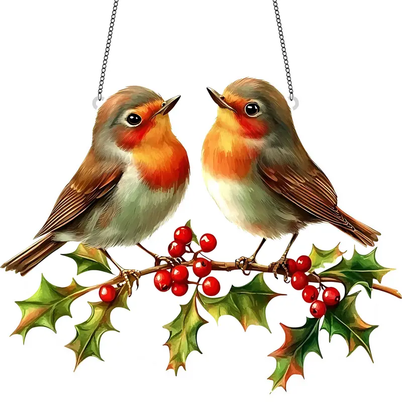 Hanging Acrylic Garden Suncatcher Robins Holly with Berries 20cm Wide on Chain