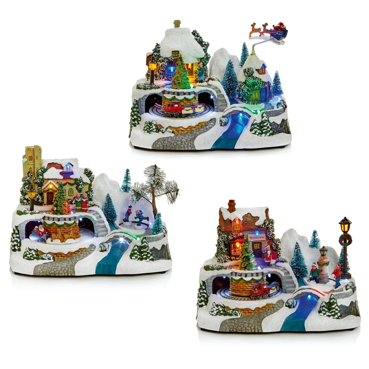 Choice of 3 LED Light Animated Village Christmas Carousel 24cm Wide 3 Turntables